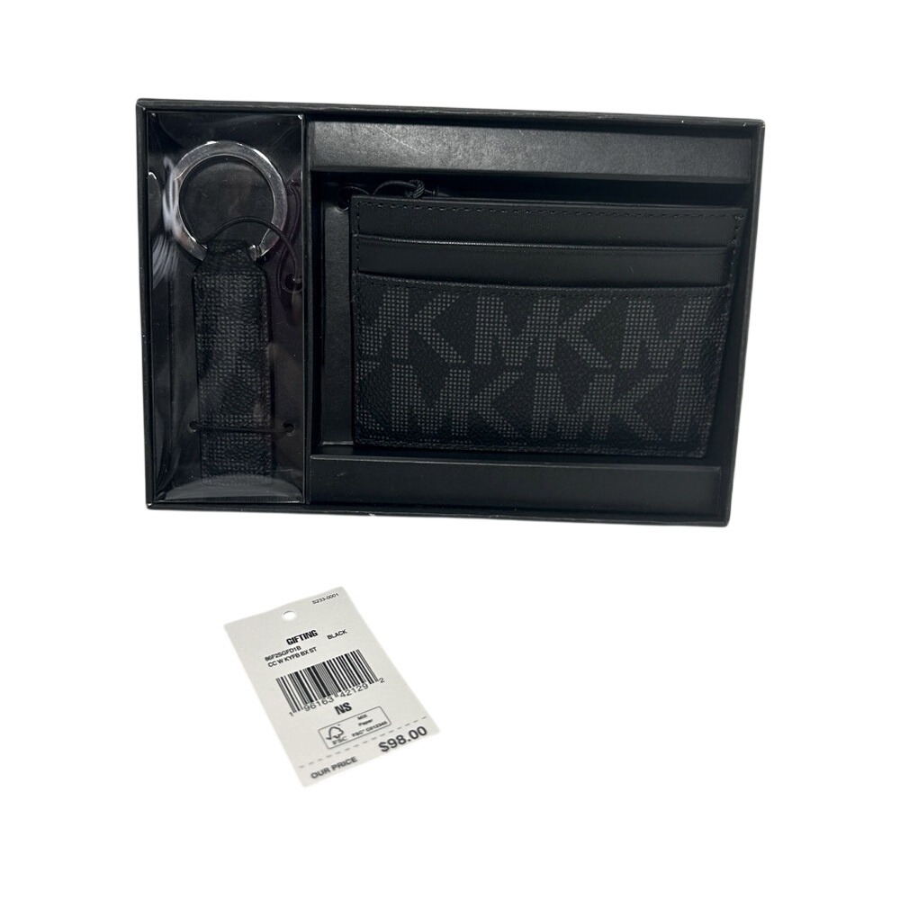 Michael Kors Mens Card Case and Keychain Gift Set Black Signature